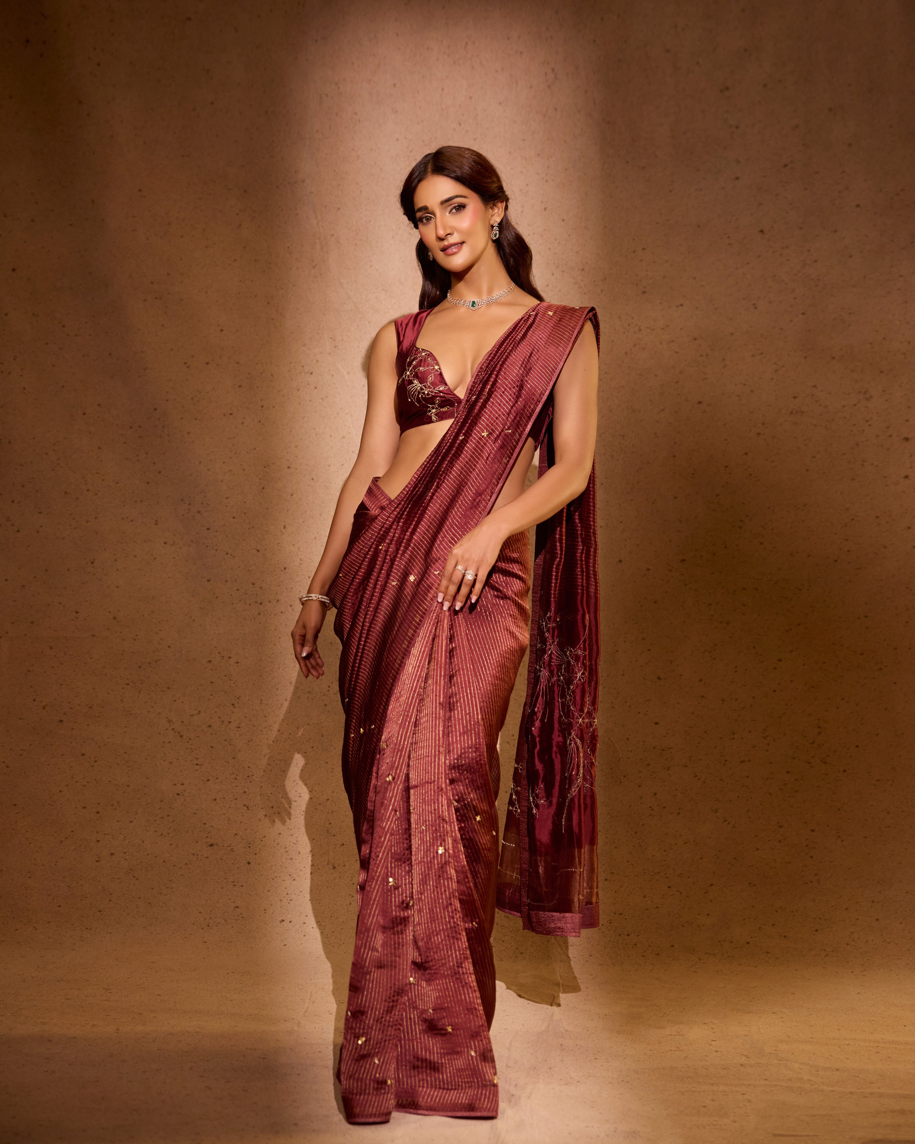Mukti Mohan in Brown Silk and Organza Saree
