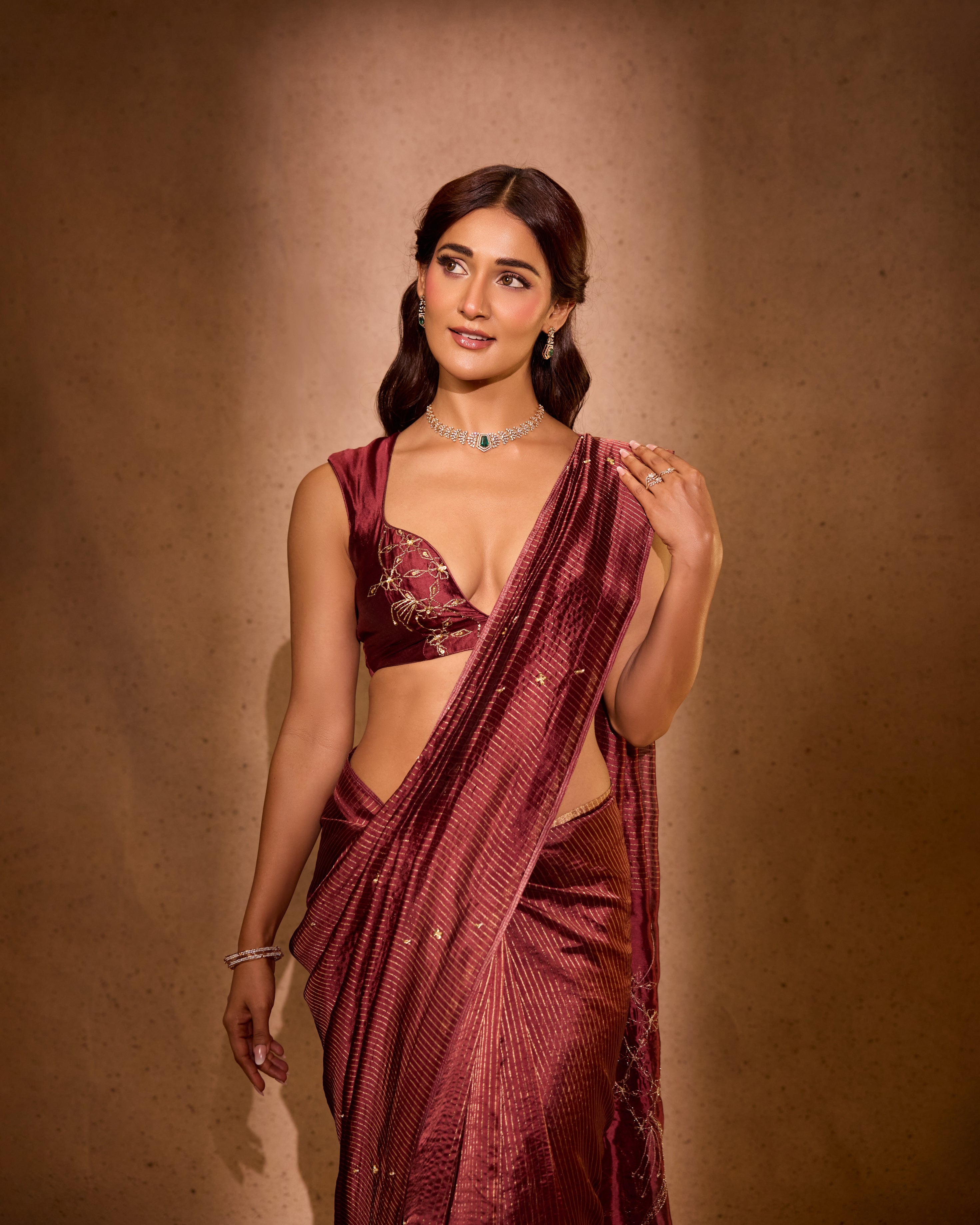 Mukti Mohan in Brown Silk and Organza Saree