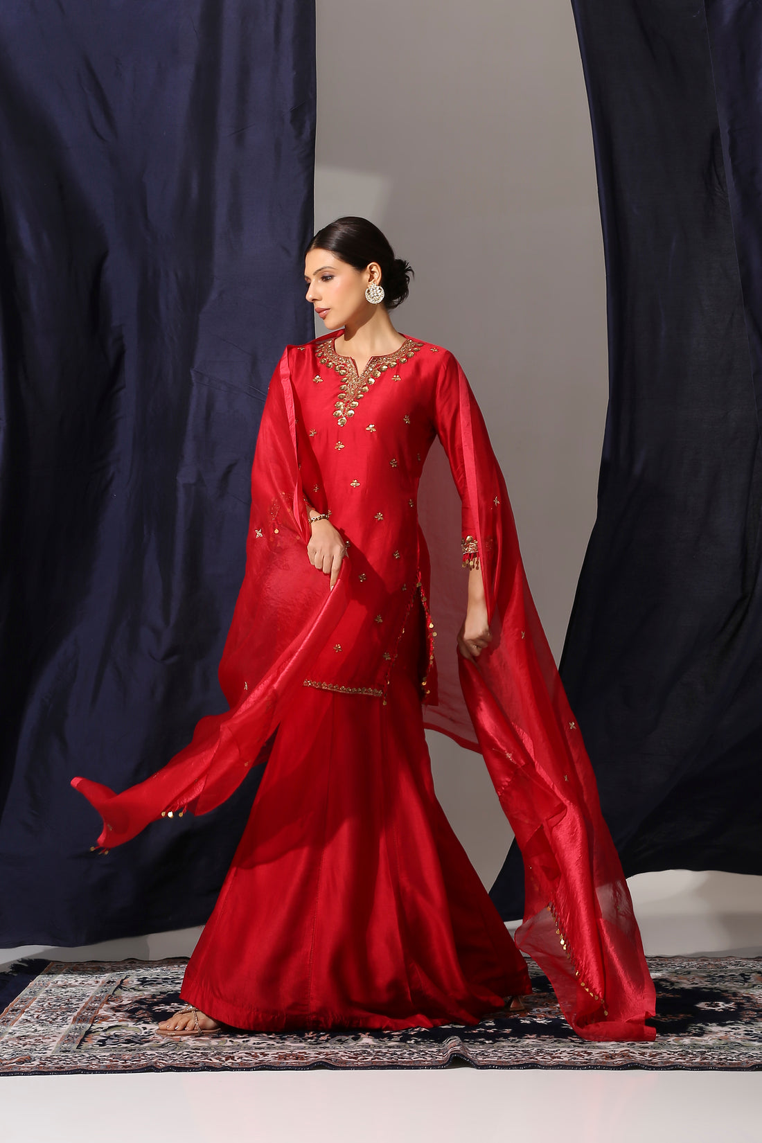 Red Bamber Silk Straight Suit Set with Organza Silk Dupatta