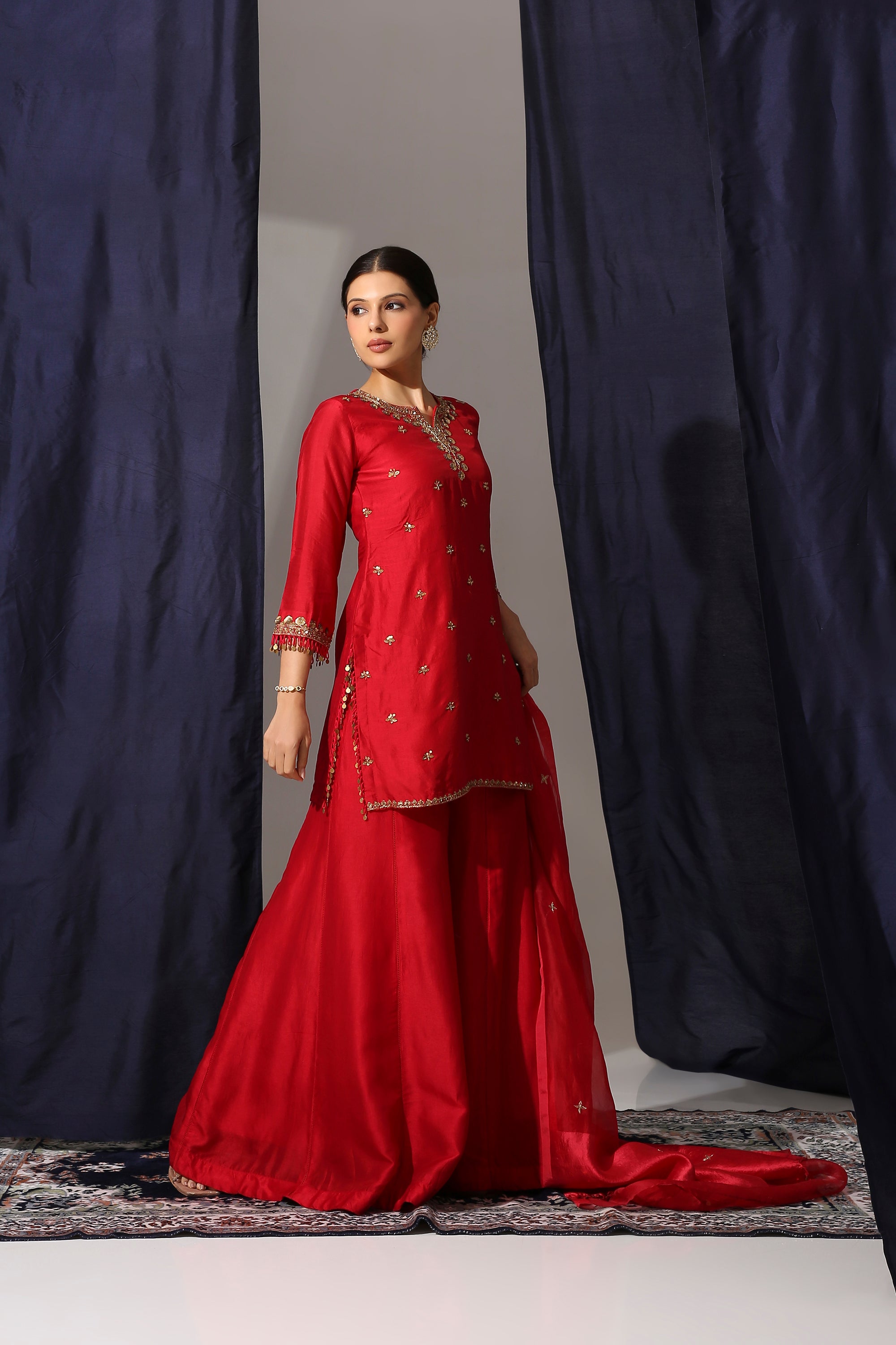 Red Bamber Silk Straight Suit Set with Organza Silk Dupatta