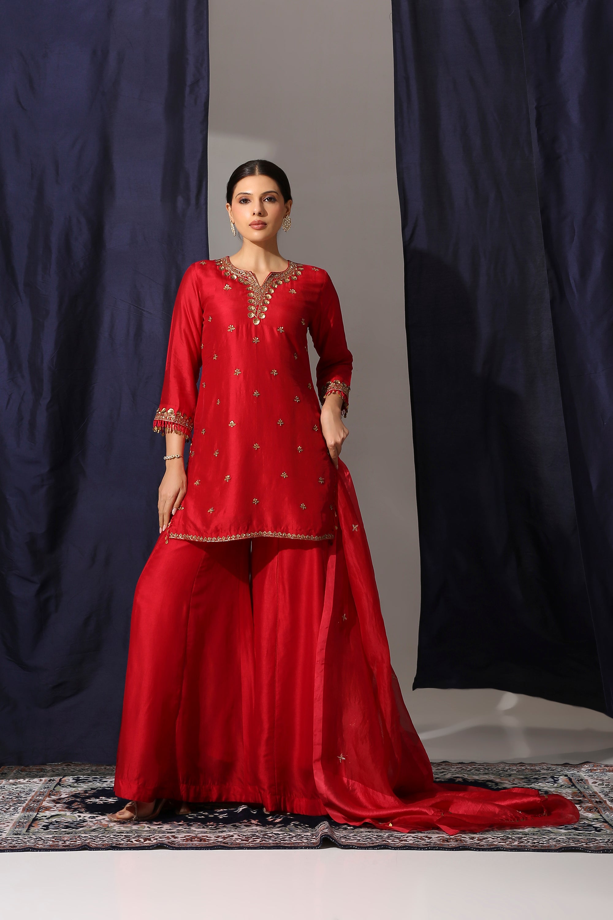 Red Bamber Silk Straight Suit Set with Organza Silk Dupatta