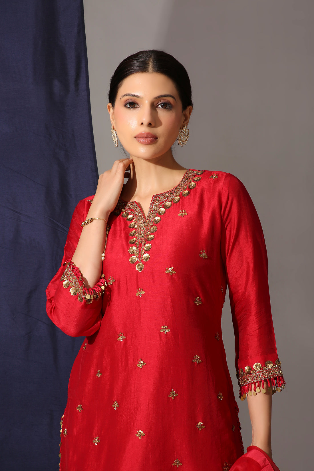 Red Bamber Silk Straight Suit Set with Organza Silk Dupatta