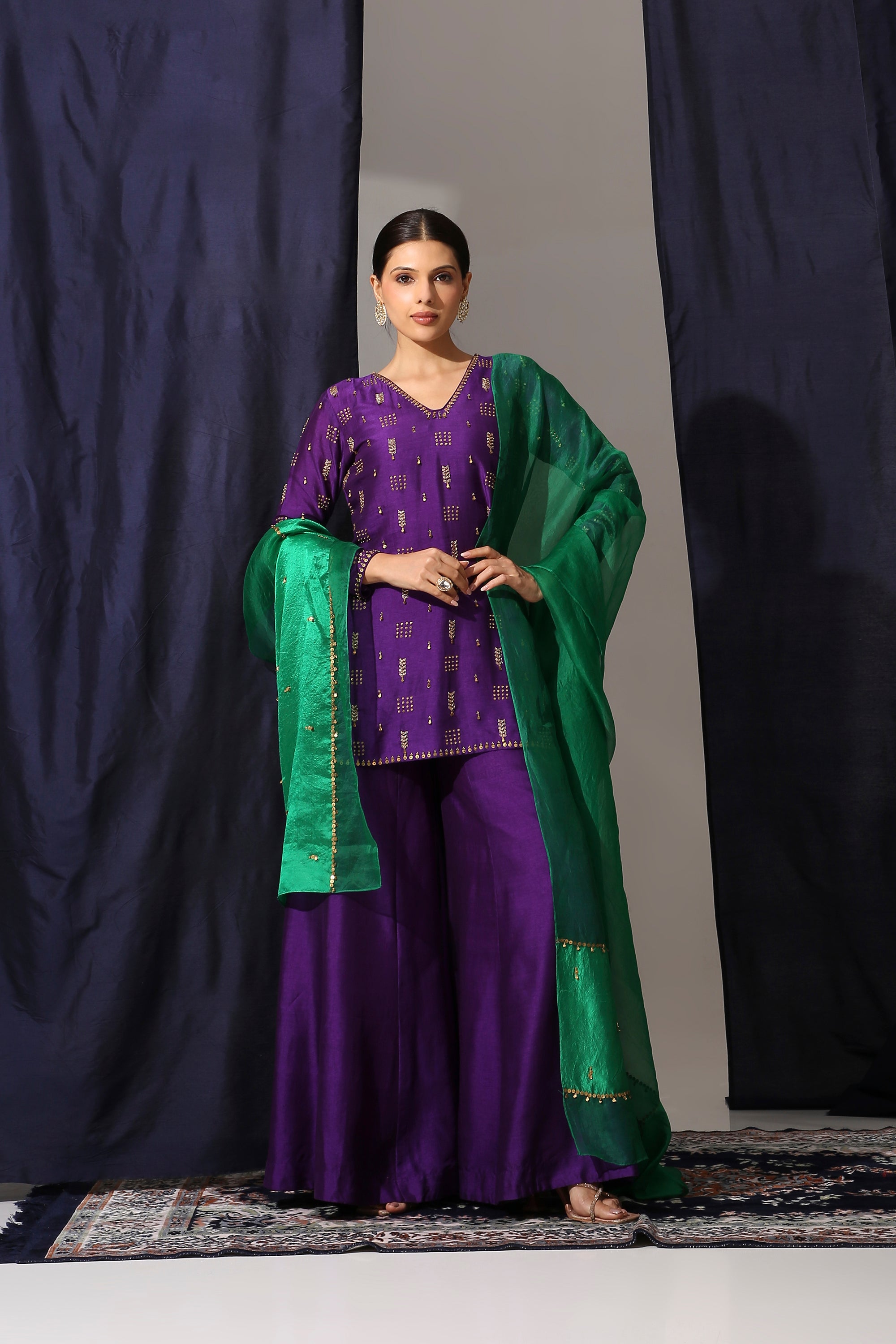 Deep Purple Bamber Silk Suit Set with Organza Silk Dupatta