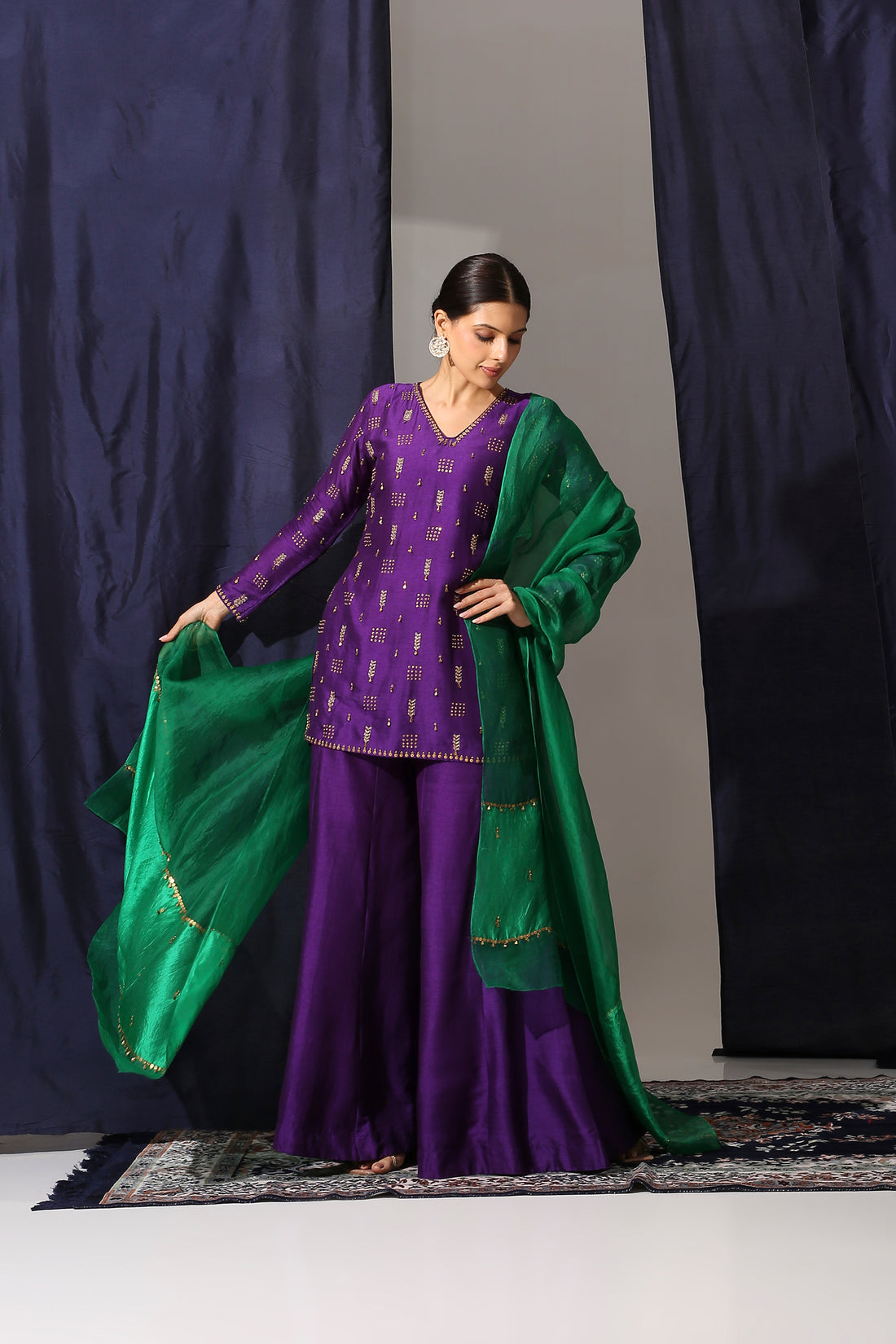 Deep Purple Bamber Silk Suit Set with Organza Silk Dupatta
