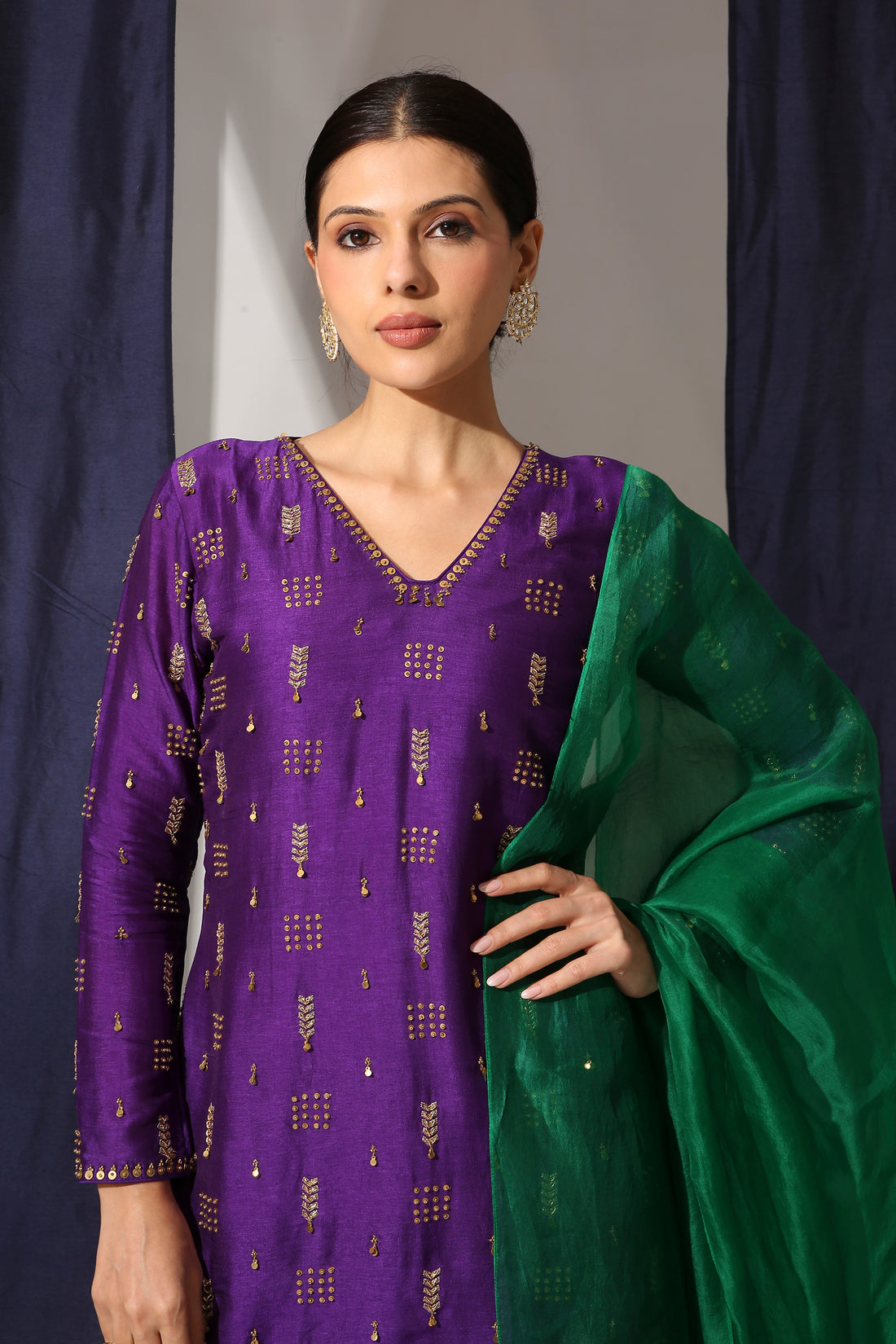 Deep Purple Bamber Silk Suit Set with Organza Silk Dupatta