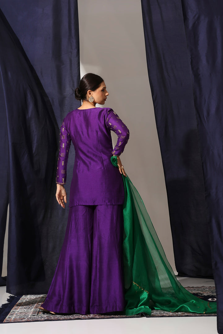 Deep Purple Bamber Silk Suit Set with Organza Silk Dupatta