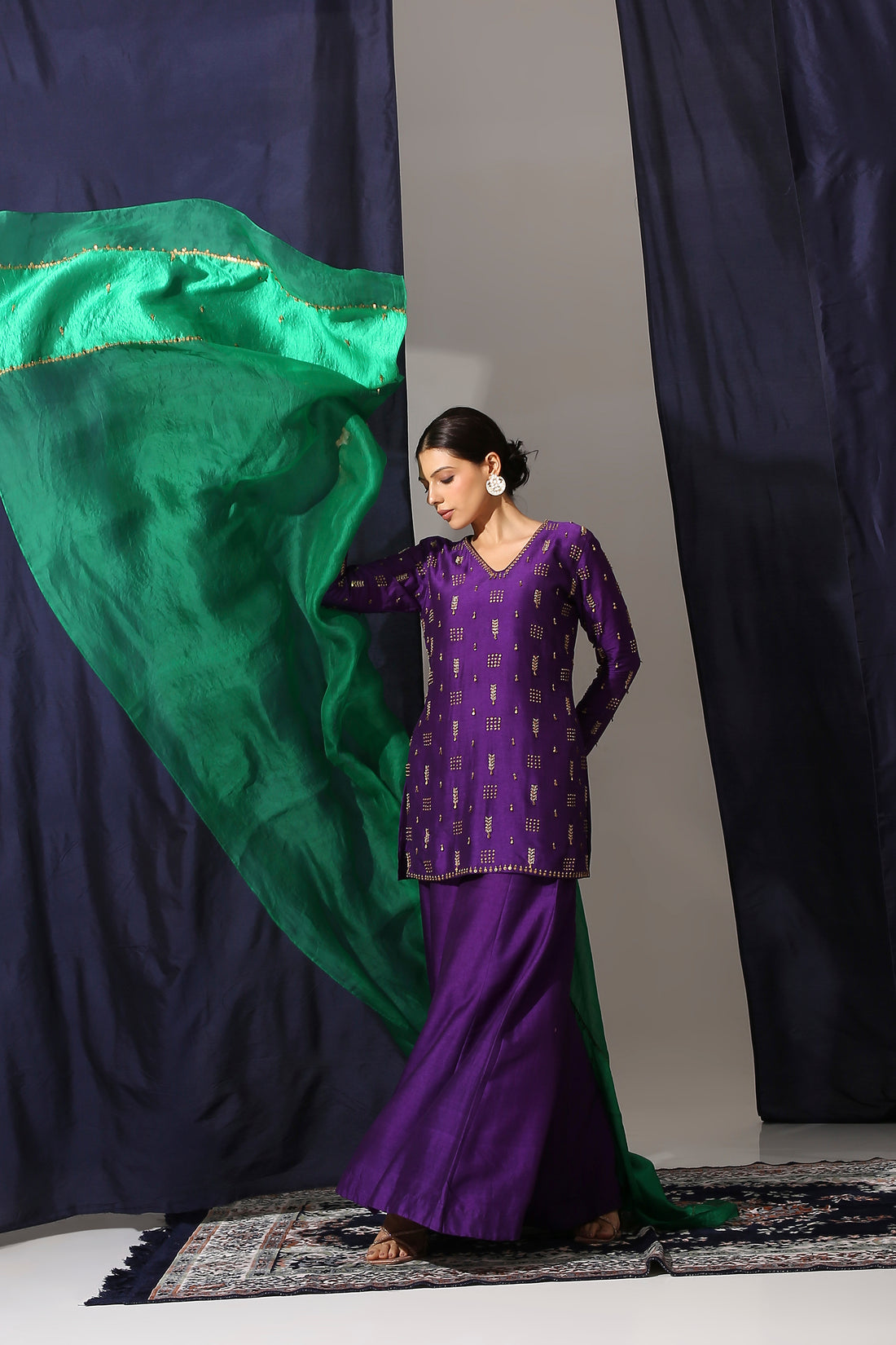 Deep Purple Bamber Silk Suit Set with Organza Silk Dupatta
