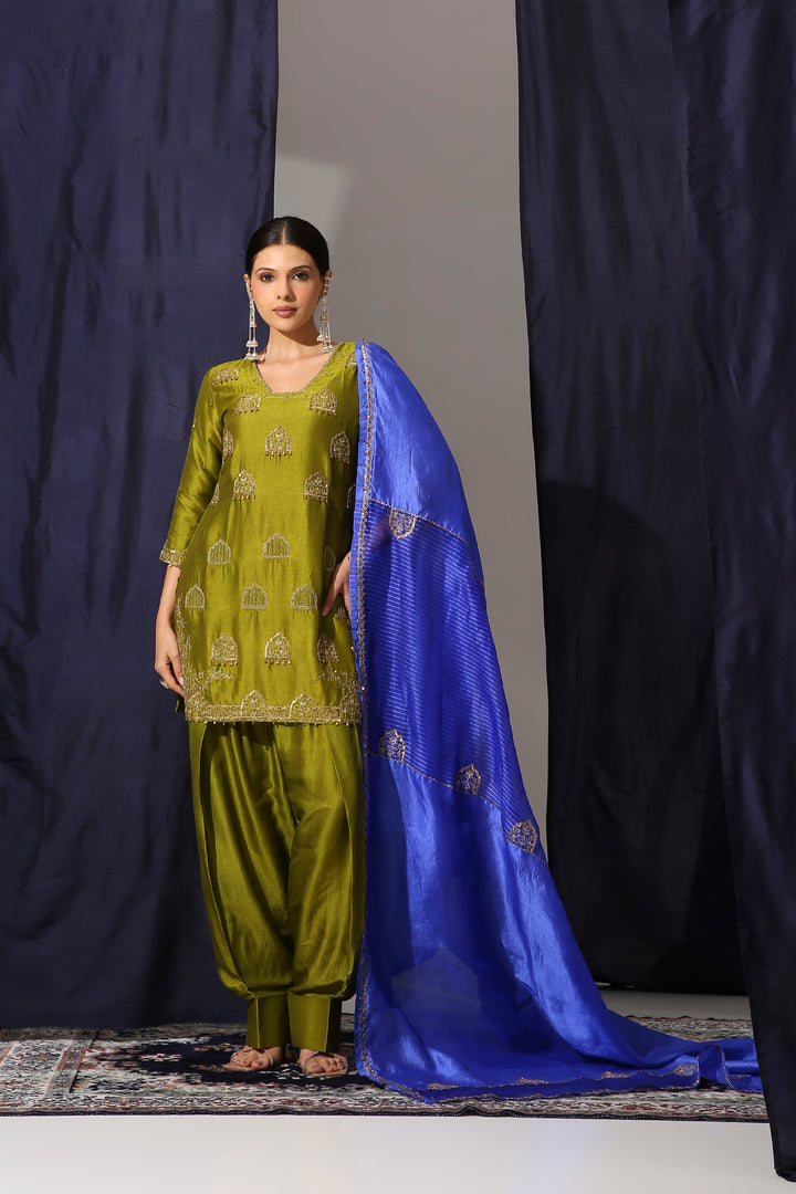 Mehendi Green Bamber Silk Straight Suit Set with Organza Tissue Dupatta