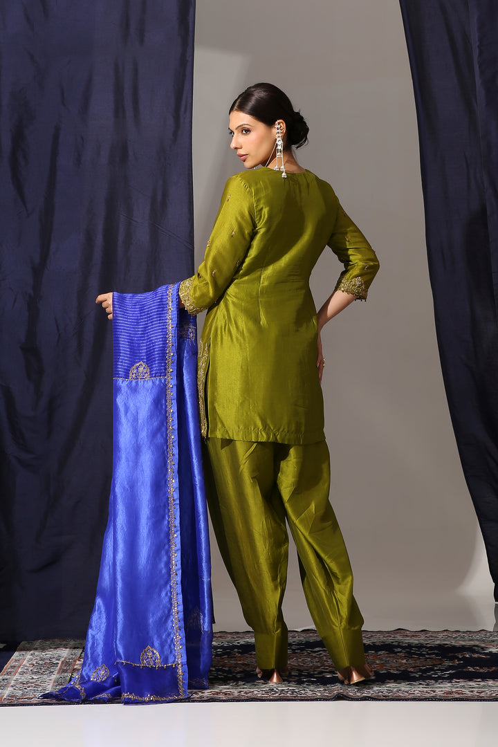 Mehendi Green Bamber Silk Straight Suit Set with Organza Tissue Dupatta