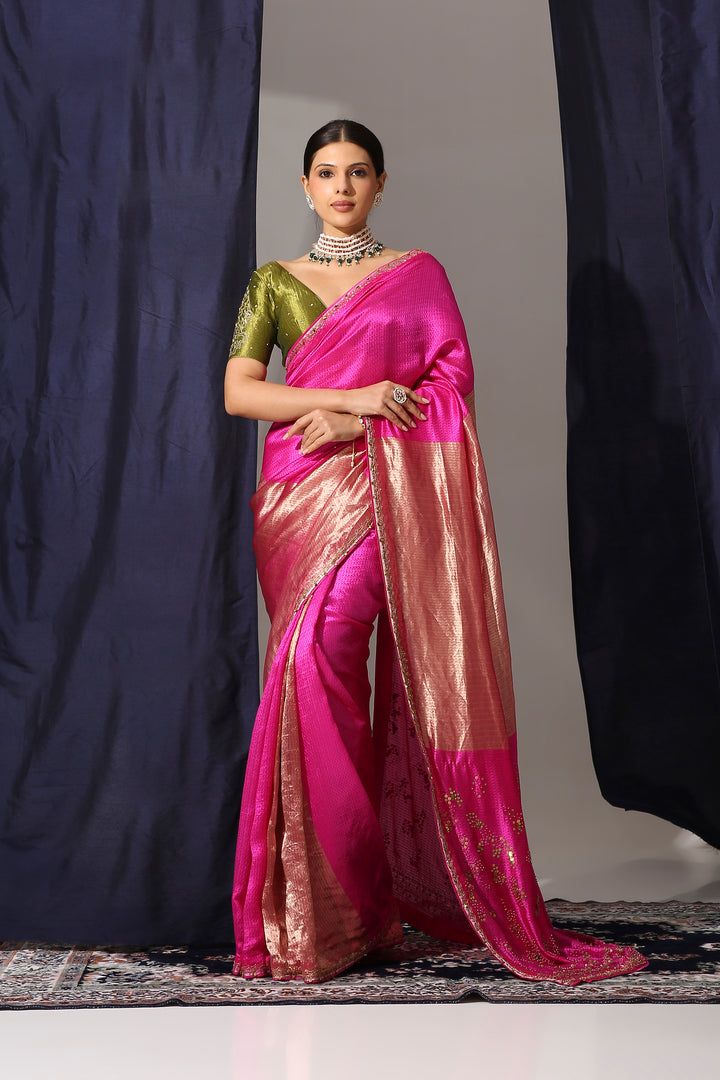 Hot Pink Tanchoi Tissue Saree with Silk Zari Stripe Blouse