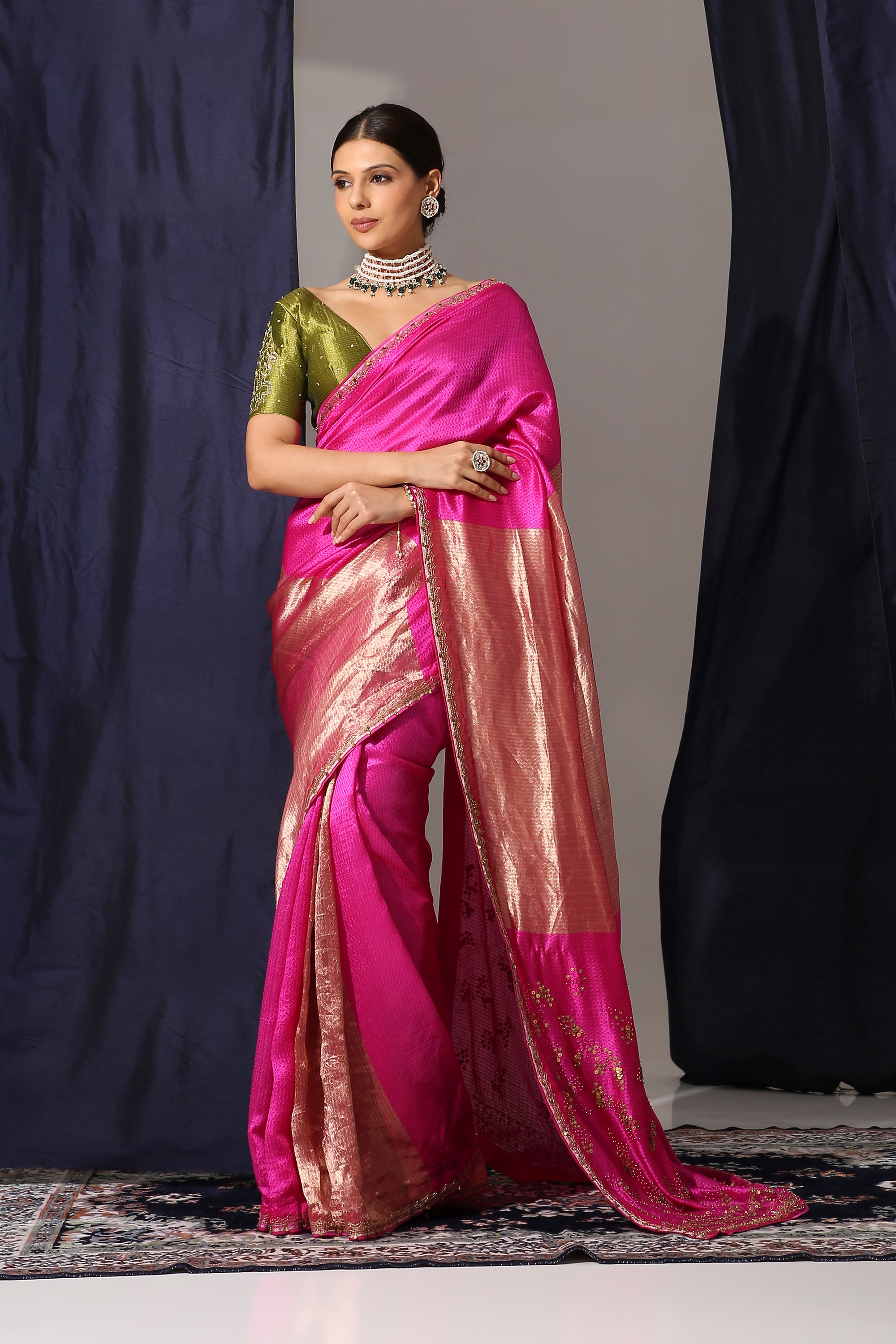 Hot Pink Tanchoi Tissue Saree with Silk Zari Stripe Blouse