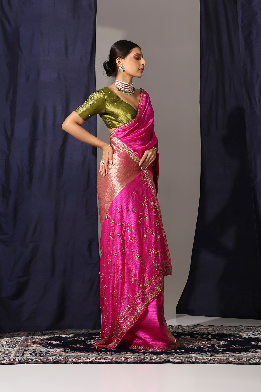 Hot Pink Tanchoi Tissue Saree with Silk Zari Stripe Blouse