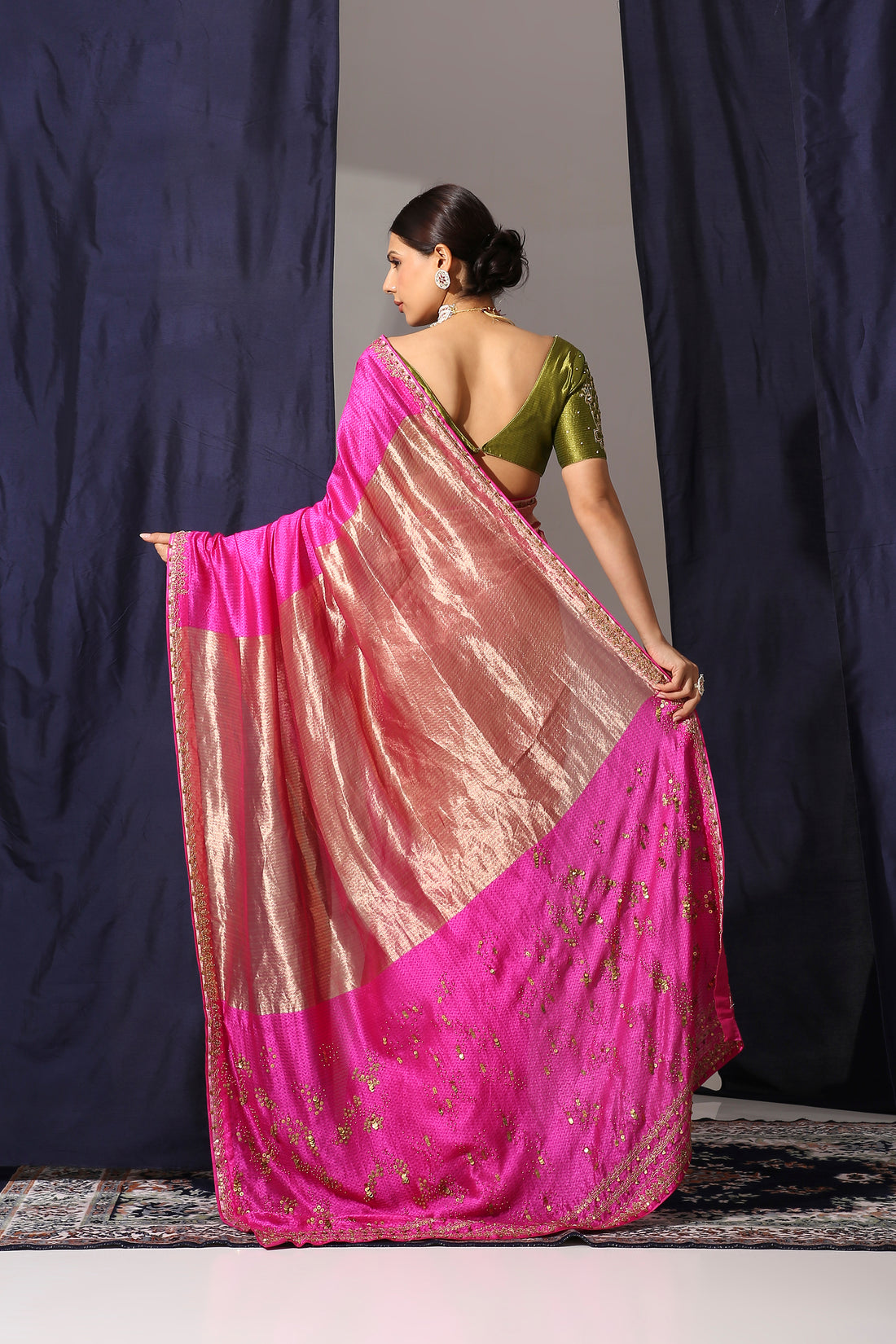 Hot Pink Tanchoi Tissue Saree with Silk Zari Stripe Blouse