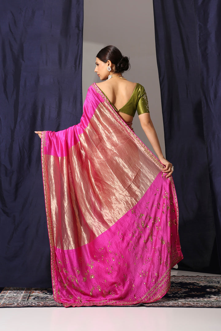 Hot Pink Tanchoi Tissue Saree with Silk Zari Stripe Blouse