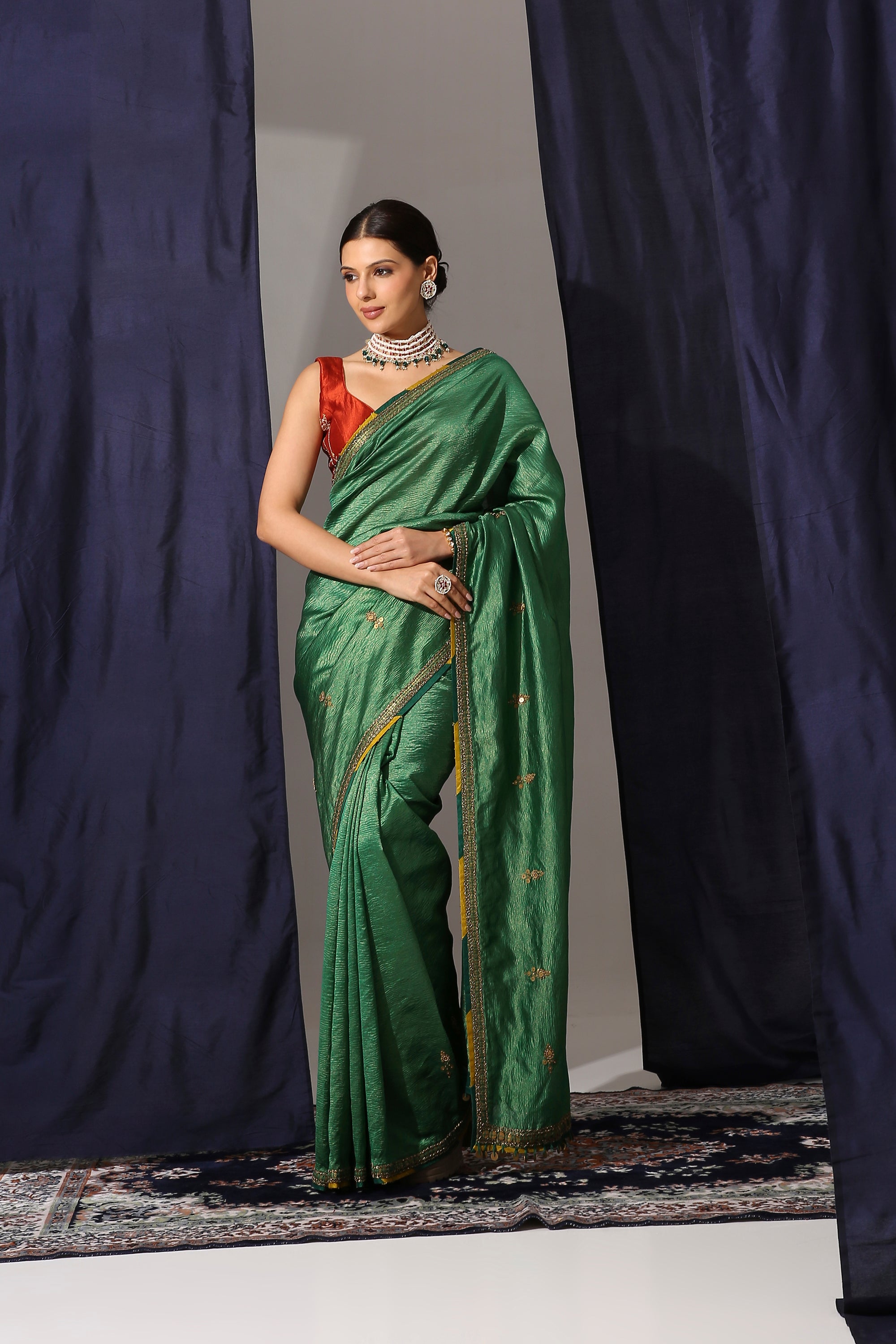 Emerald Green Crush Tissue Saree with Cora Silk Blouse