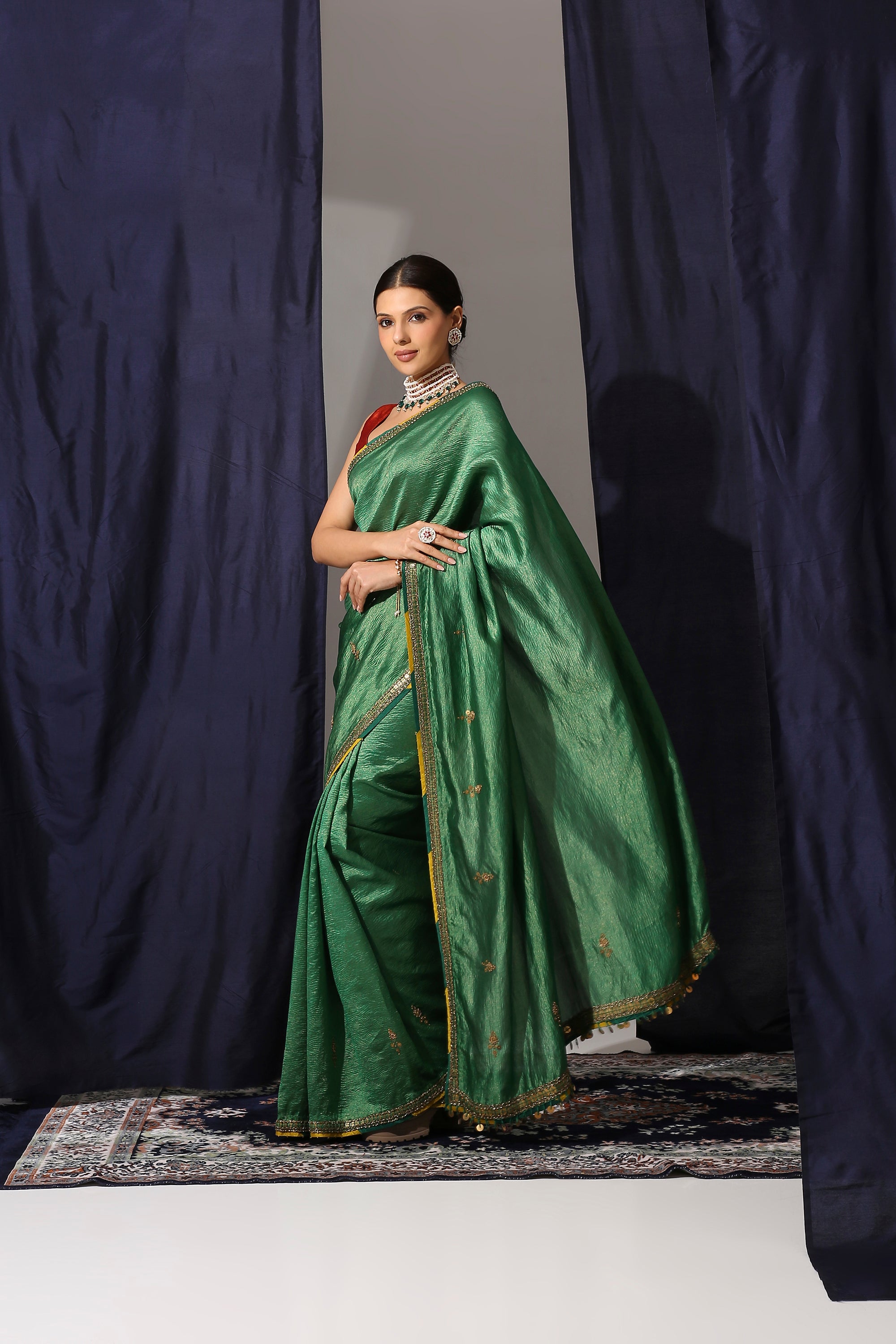 Emerald Green Crush Tissue Saree with Cora Silk Blouse