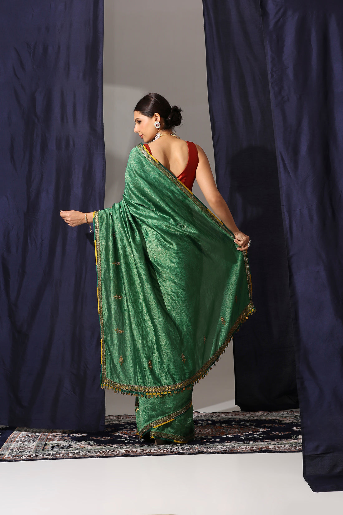 Emerald Green Crush Tissue Saree with Cora Silk Blouse