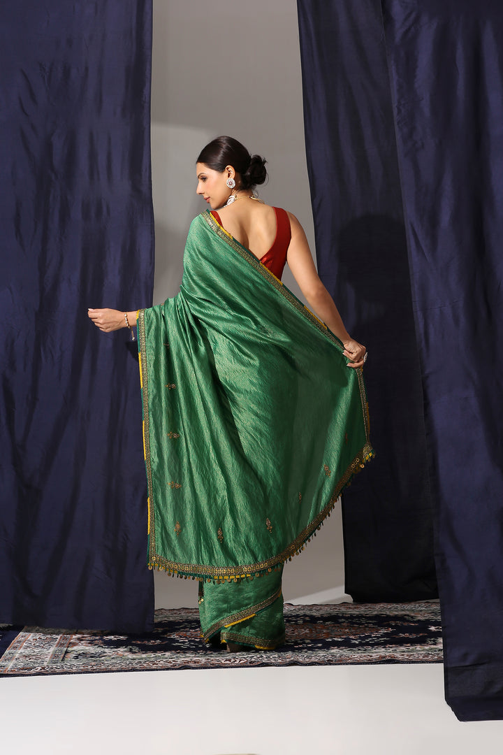 Emerald Green Crush Tissue Saree with Cora Silk Blouse