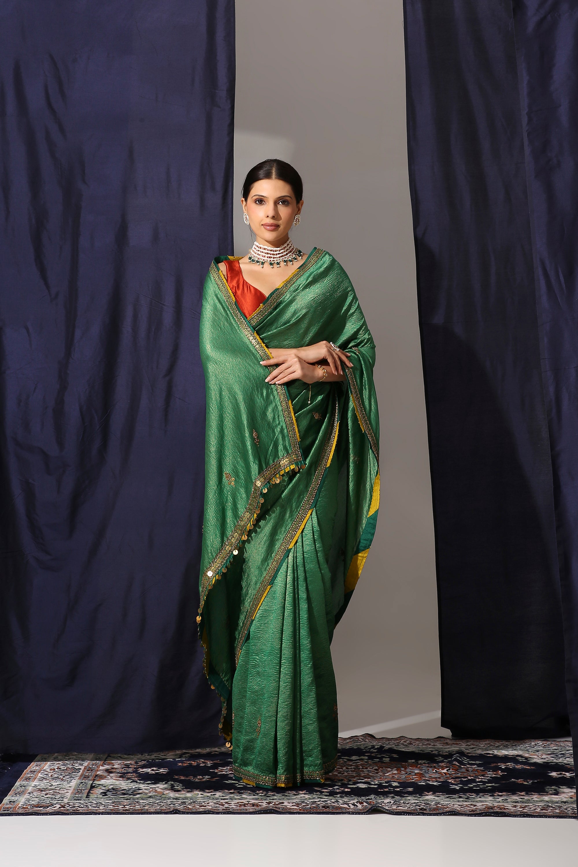 Emerald Green Crush Tissue Saree with Cora Silk Blouse