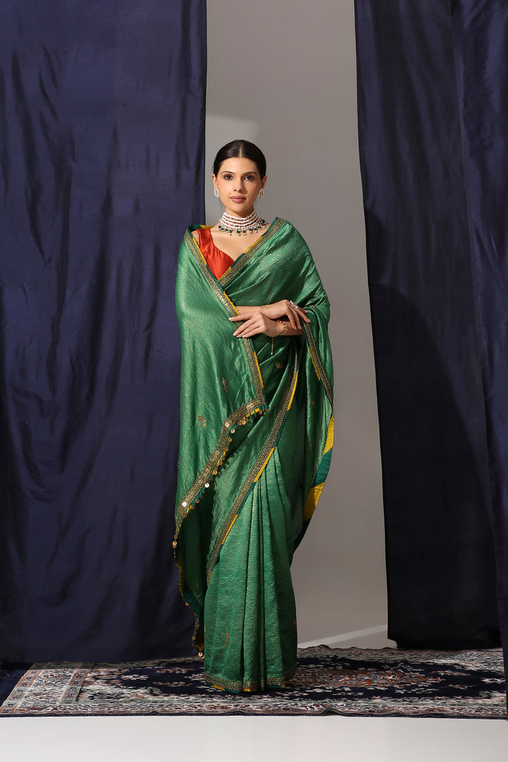 Emerald Green Crush Tissue Saree with Cora Silk Blouse