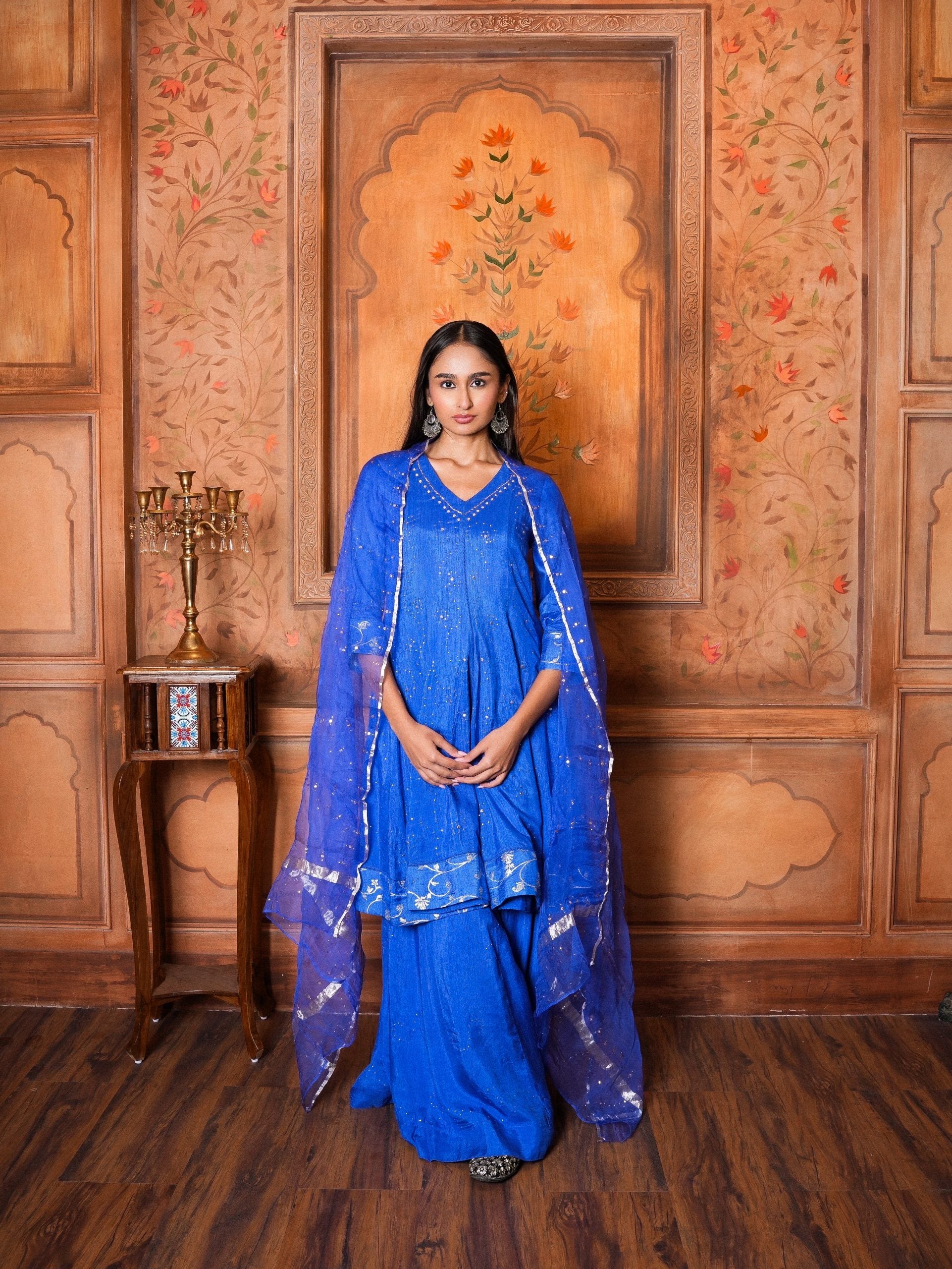 Silk Blue Flared Kali Top with Palazzo.