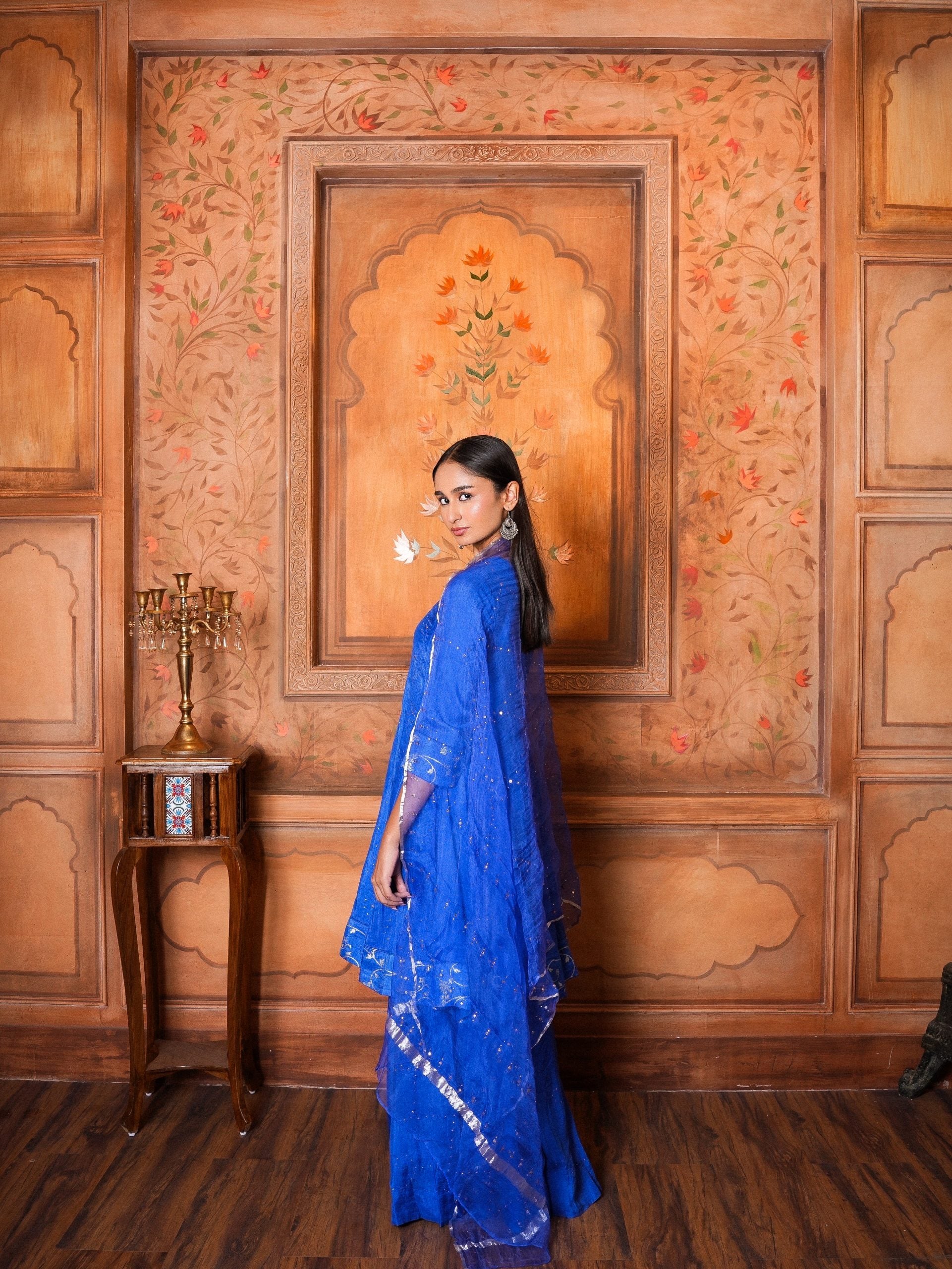 Silk Blue Flared Kali Top with Palazzo.
