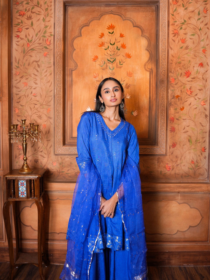 Silk Blue Flared Kali Top with Palazzo.