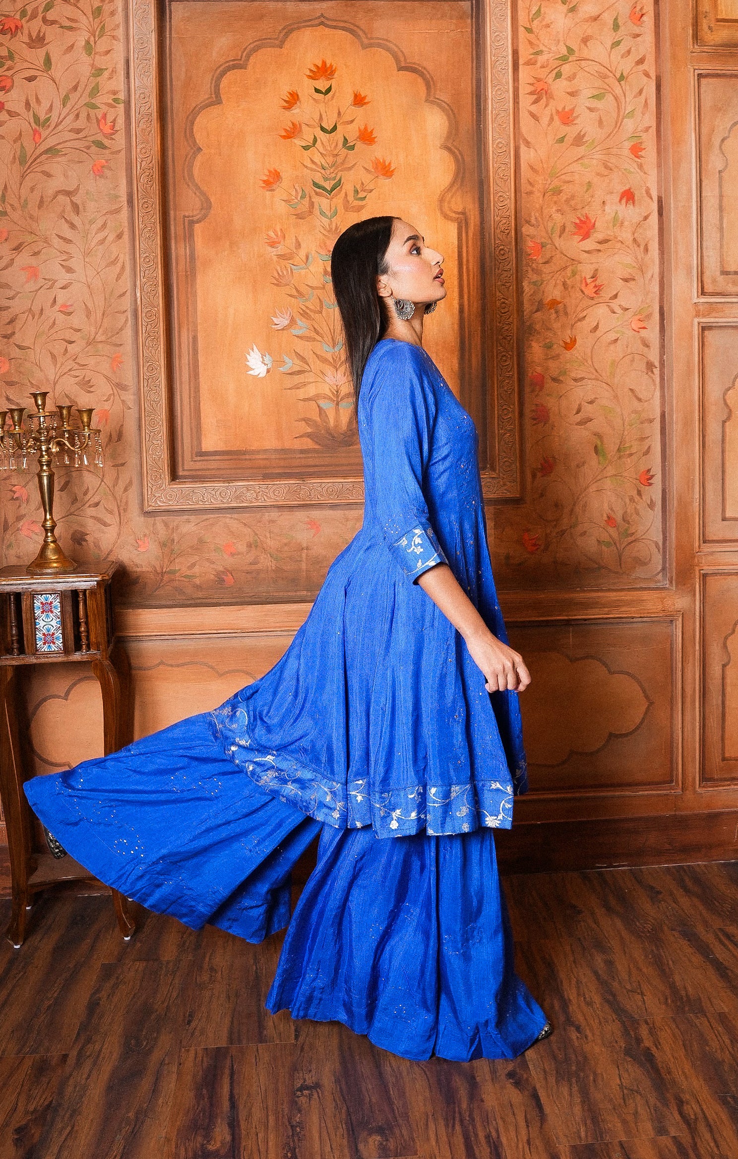 Silk Blue Flared Kali Top with Palazzo.